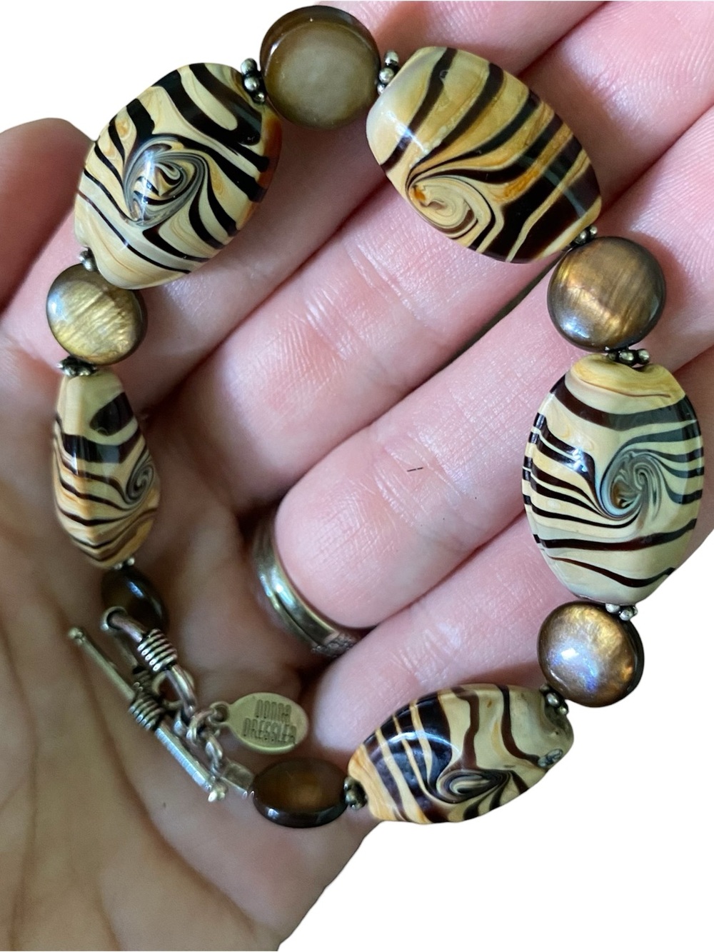 Donna Dressler Sterling Silver Agate Tigers Eye Bracelet Chocolate Brown Swirl - Picture 8 of 8